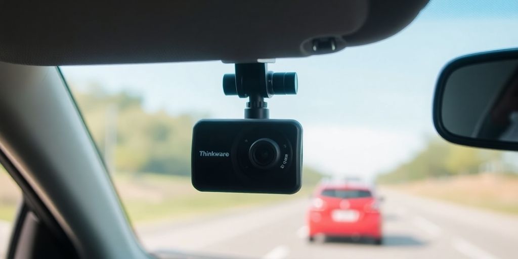 Thinkware U3000 dash cam mounted on a windshield.
